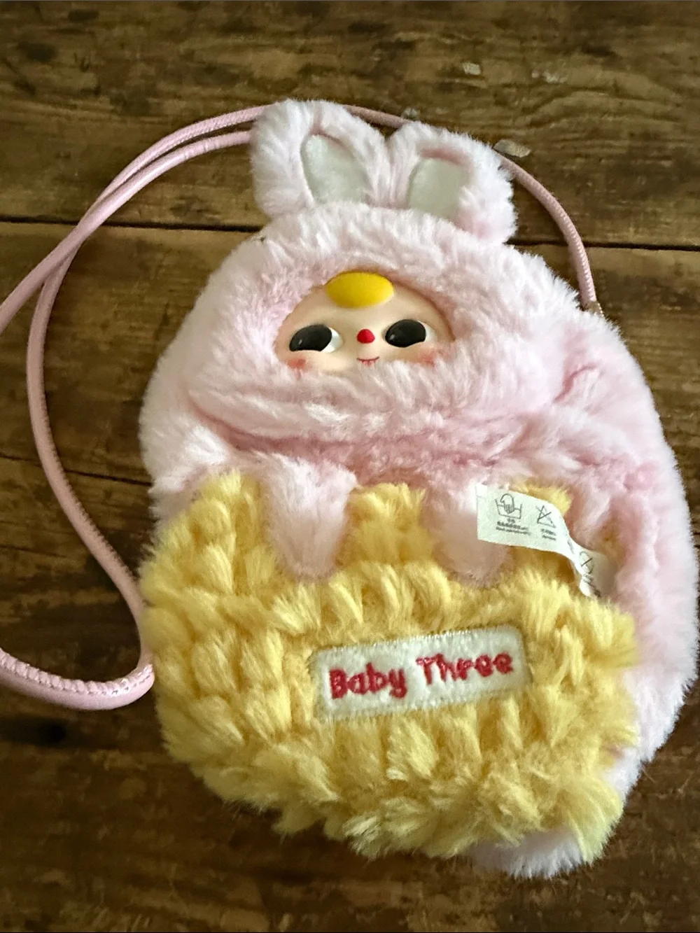 Baby three Plush Bunny Crossbody Bag with Peekaboo Face - Pink & Yellow